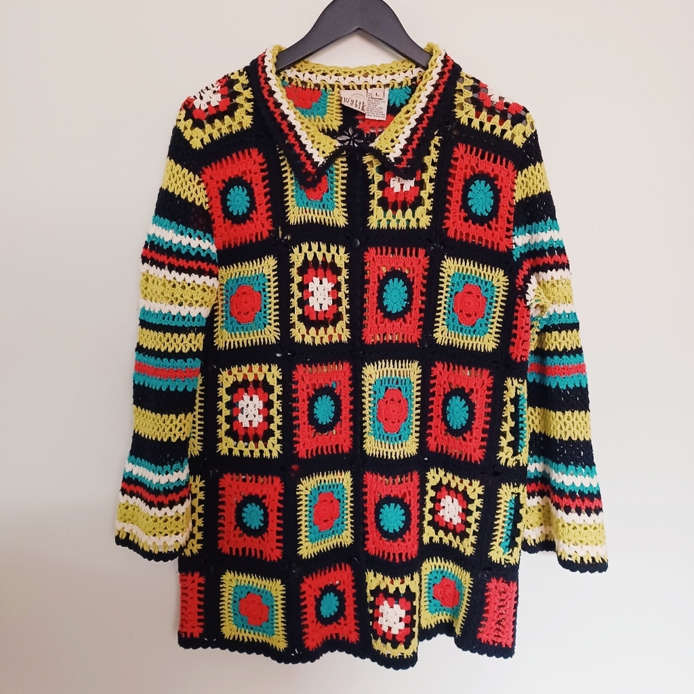 Vintage Bold Retro Granny Square Knit Crochet Collared Cardigan Sweater Boho